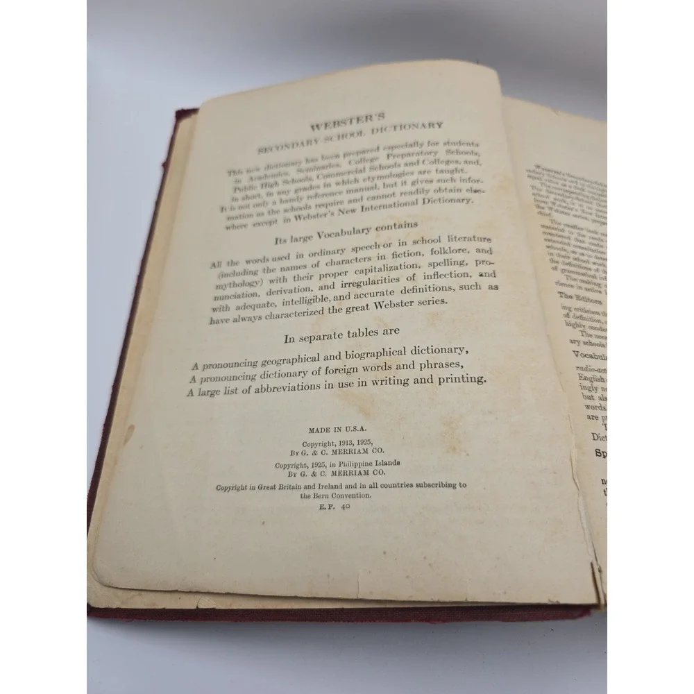 Webster's Secondary School Dictionary 1925 Hardcover OK CONDITION